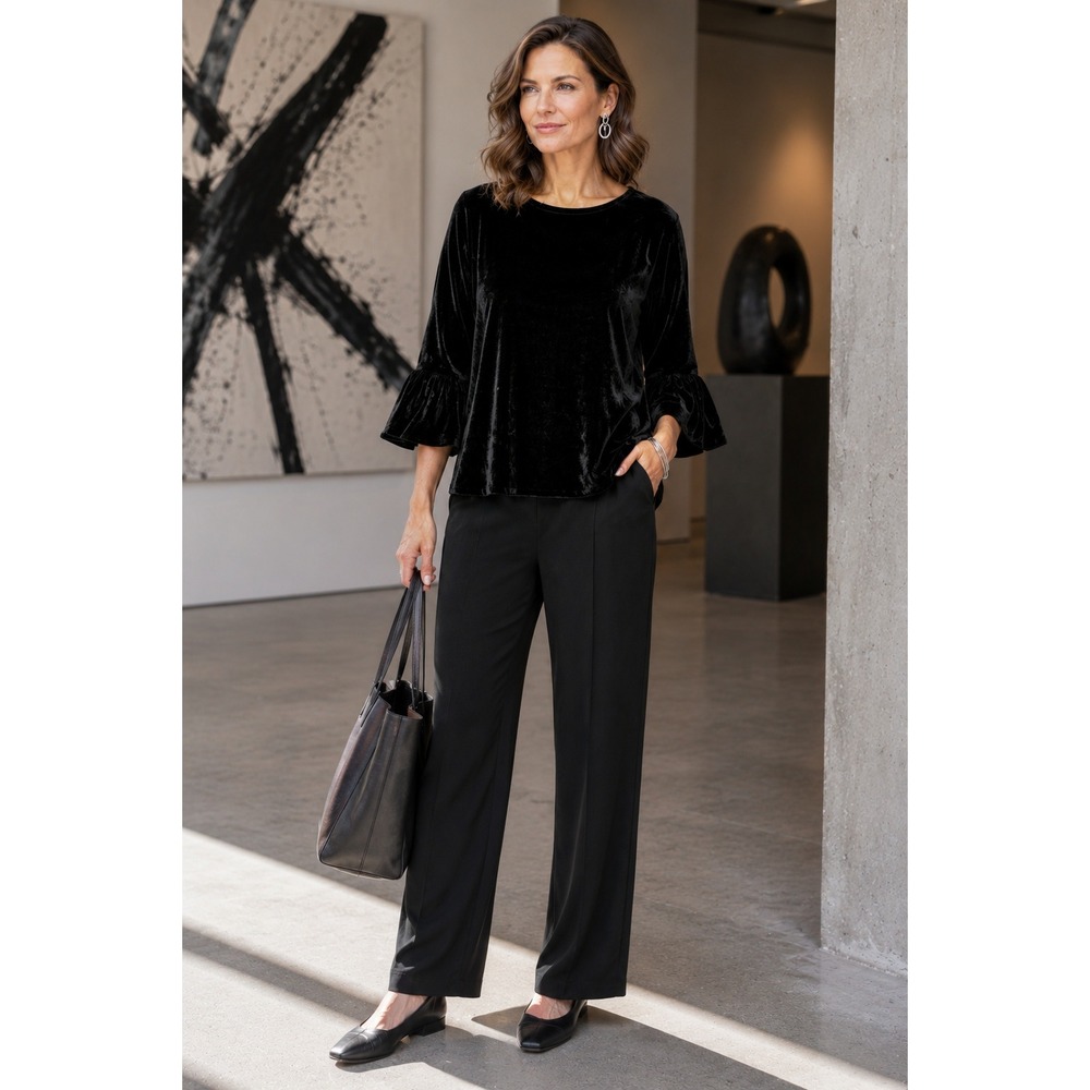 Bryn Walker Fran Black Velvet Top Ruffle 3/4 Sleeve L Lagenlook Artsy